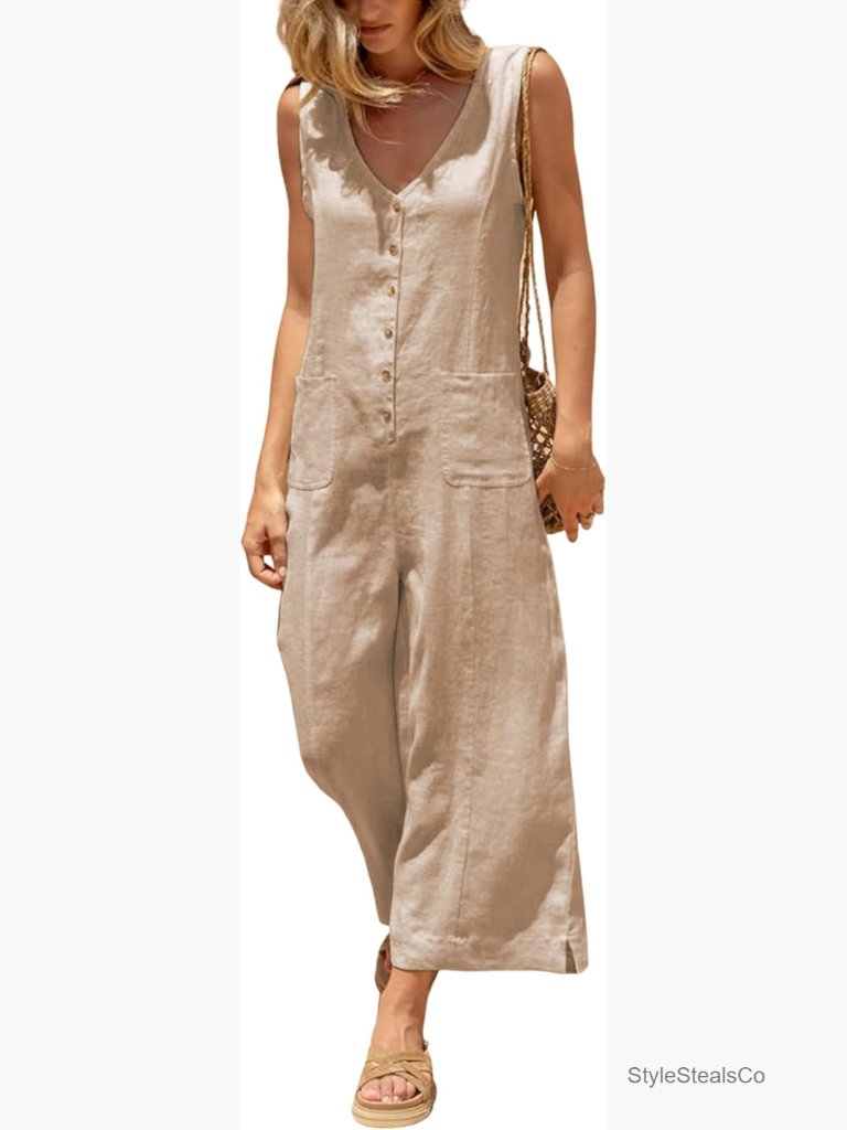 Women Cotton Linen Button Down Jumpsuit Wide Leg Sleeveless Casual Romper